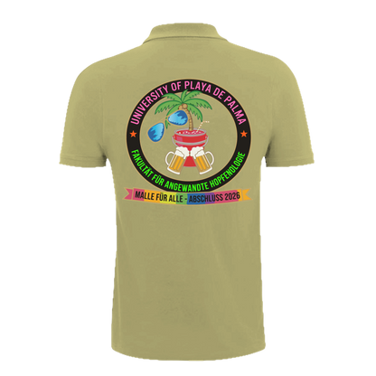 Olivgrünes Polo-Shirt mit buntem University of Playa de Palma Design, Palme, Bier und Regenbogenband – einzigartigbunt