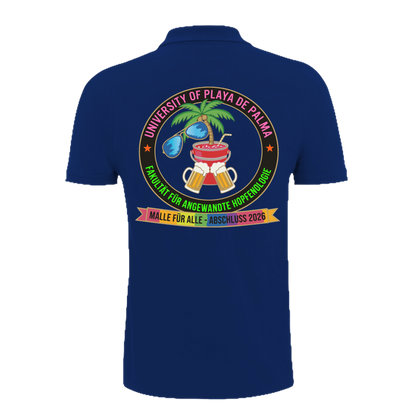 Blauenes Polo mit buntem University of Playa de Palma Design, Palme, Bier und Cocktail – einzigartigbunt