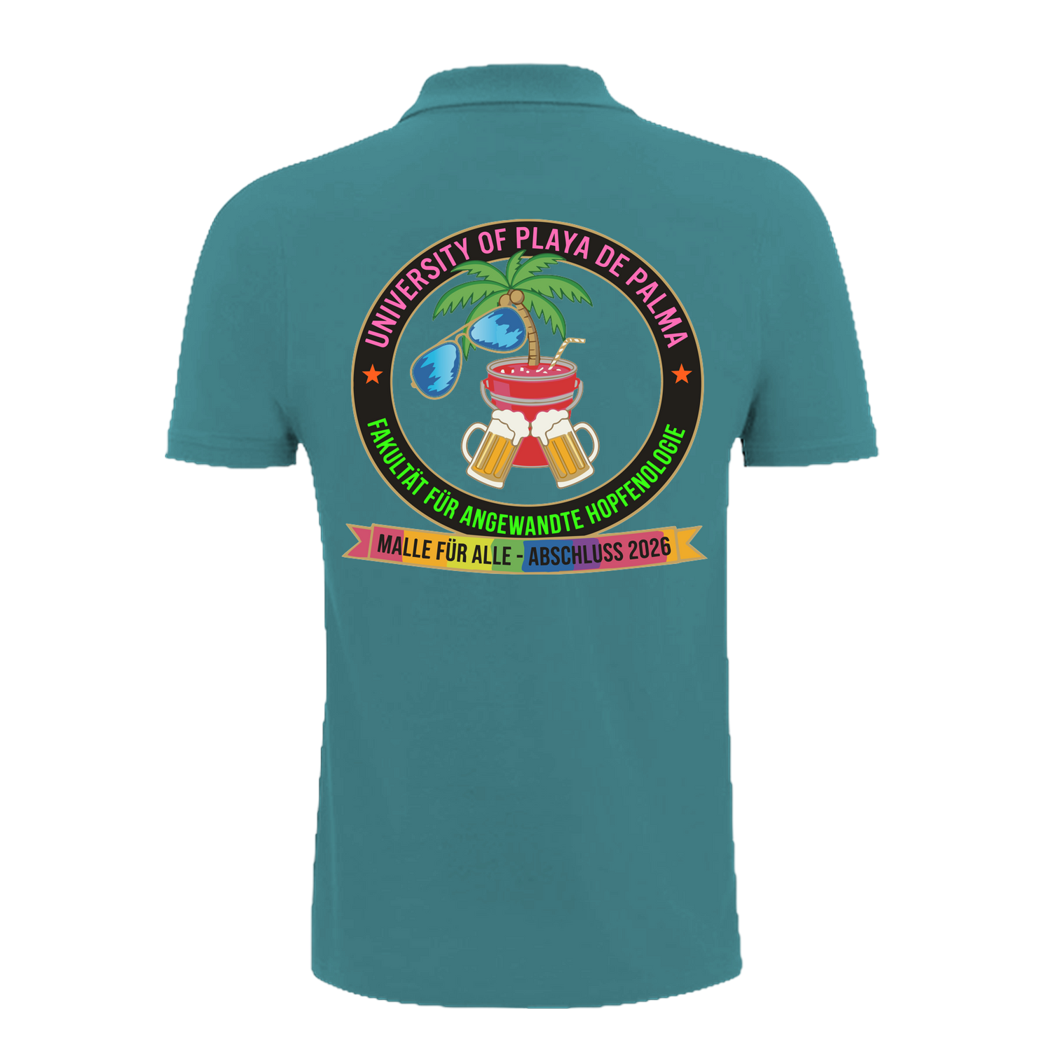 Teal Polo-Shirt mit buntem University of Playa de Palma Design, Palme, Bier und Cocktail – einzigartigbunt