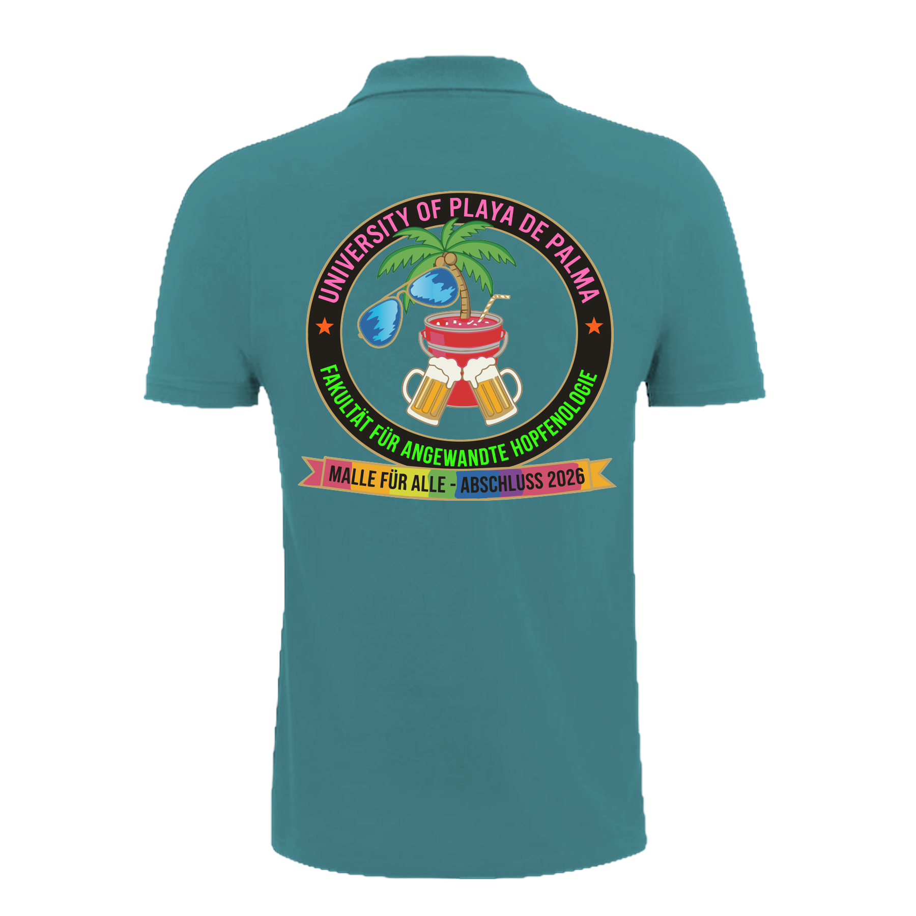 Teal Polo-Shirt mit buntem University of Playa de Palma Design, Palme, Bier und Cocktail – einzigartigbunt