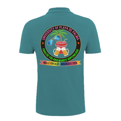Teal Polo-Shirt mit buntem University of Playa de Palma Design, Palme, Bier und Cocktail – einzigartigbunt