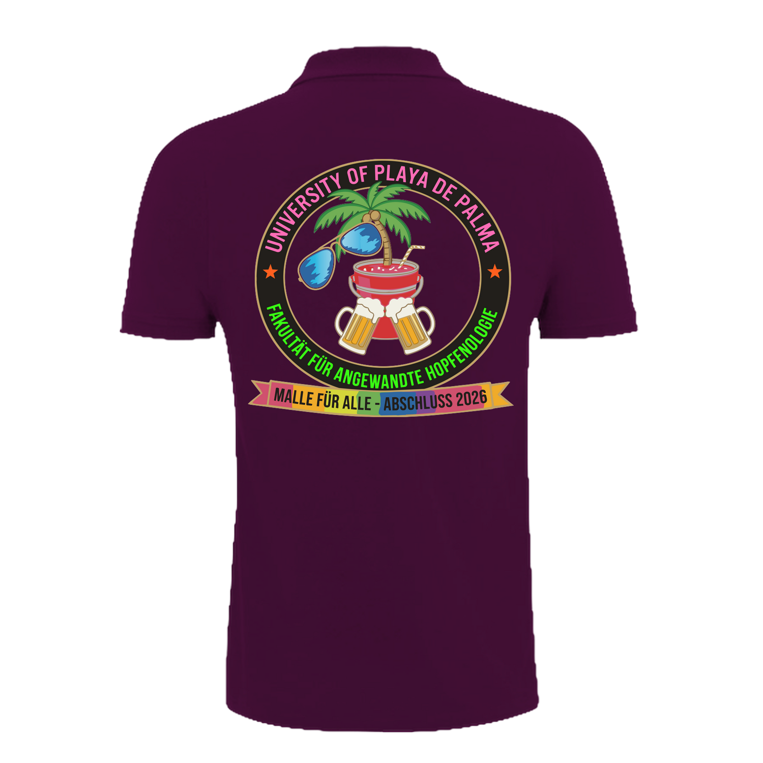 Lila Polo mit buntem Universitäts-Emblem, Palme, Bier und Regenbogenband – einzigartigbunt