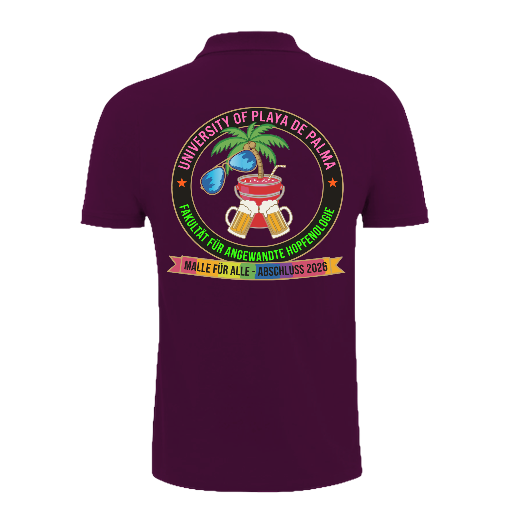 Lila Polo mit buntem Universitäts-Emblem, Palme, Bier und Regenbogenband – einzigartigbunt