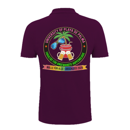 Lila Polo mit buntem Universitäts-Emblem, Palme, Bier und Regenbogenband – einzigartigbunt