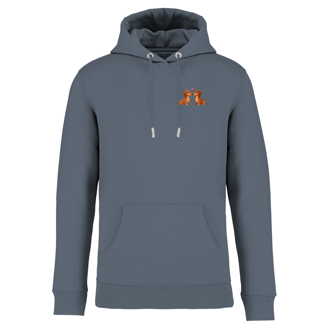 Grauer Unisex-Kapuzenpullover aus schwerem Stoff mit zwei verliebten Dackeln als Brustprint.