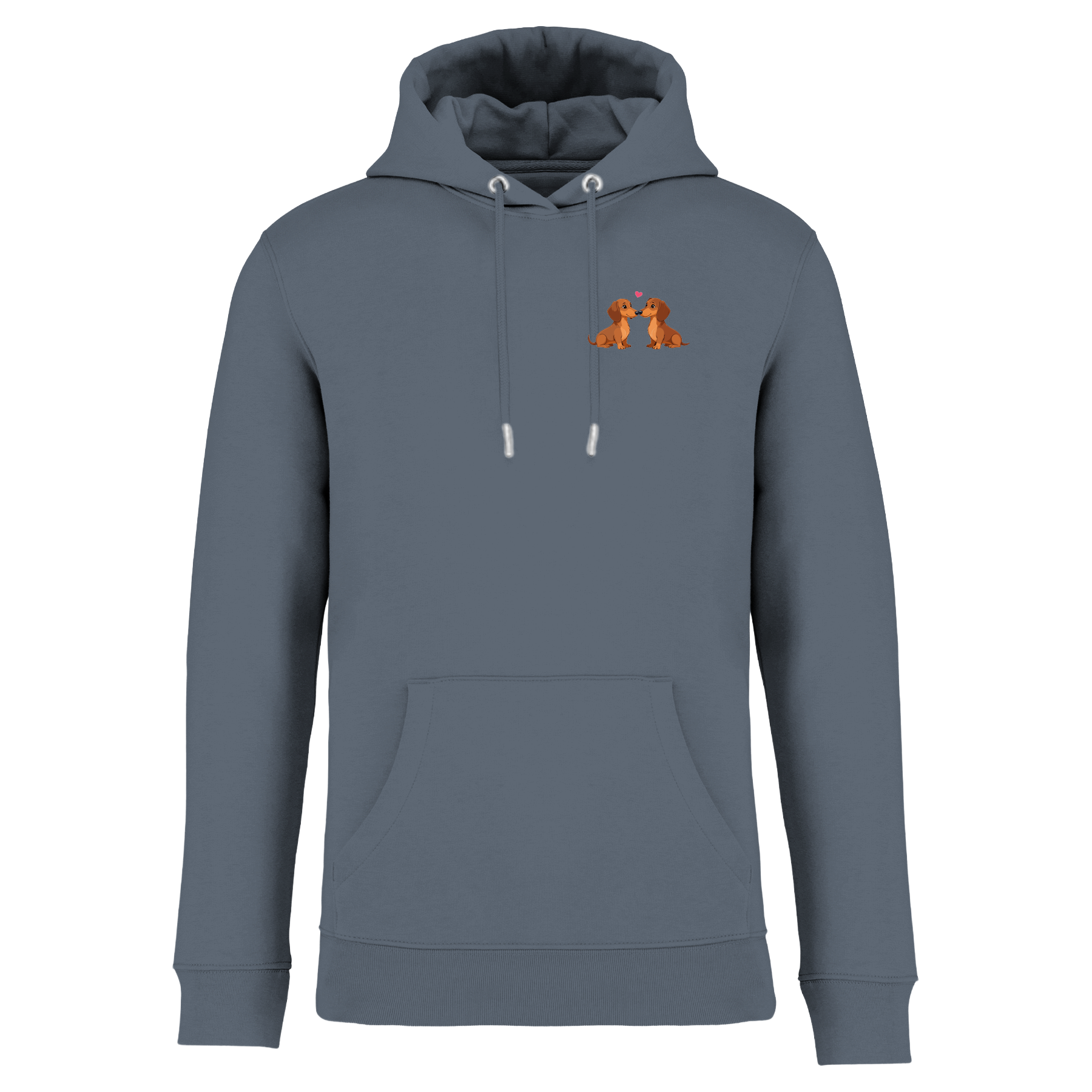 Grauer Hoodie mit niedlichen Dackel-Motiven und Herz, nachhaltig – einzigartigbunt