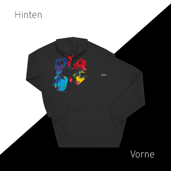Schwarzer nachhaltiger Hoodie mit buntem, abstraktem Farbmuster auf der Rückseite – einzigartigbunt