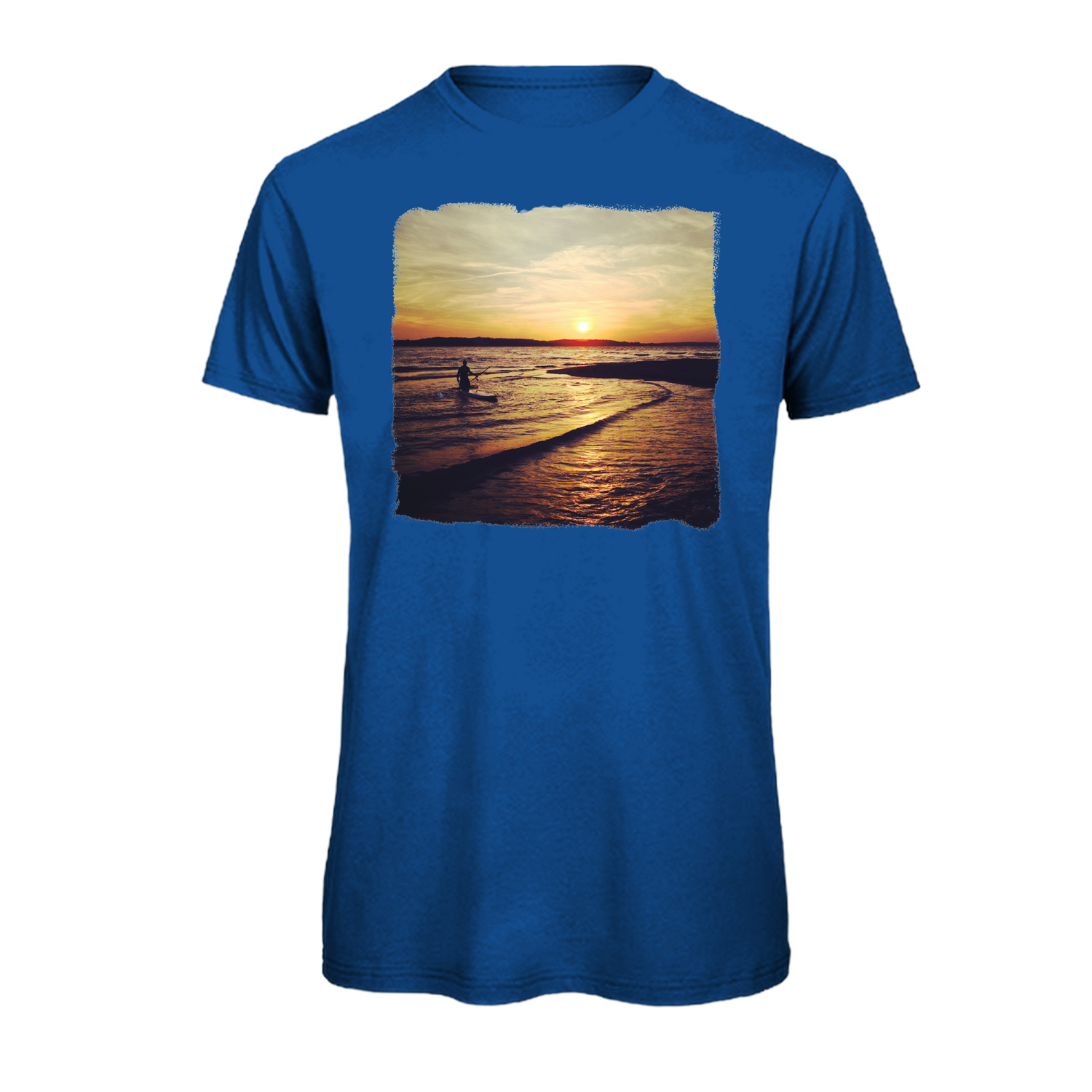 Blau T-Shirt mit Sonnenuntergang &amp; Stand-Up-Paddler Motiv, nachhaltig – einzigartigbunt