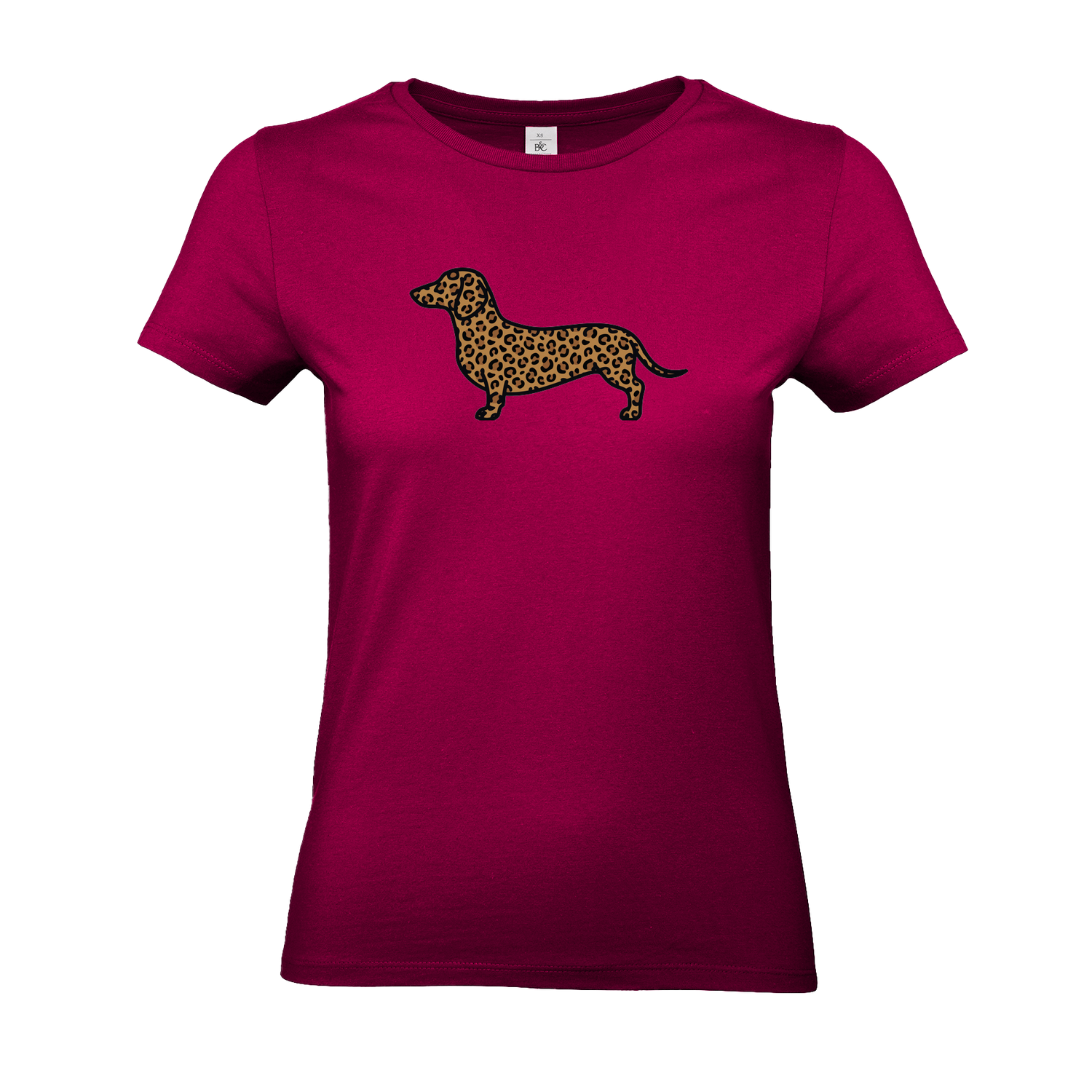 Pink Damen T-Shirt mit Dackel-Motiv im modernen Leoparden-Muster auf der Brust.