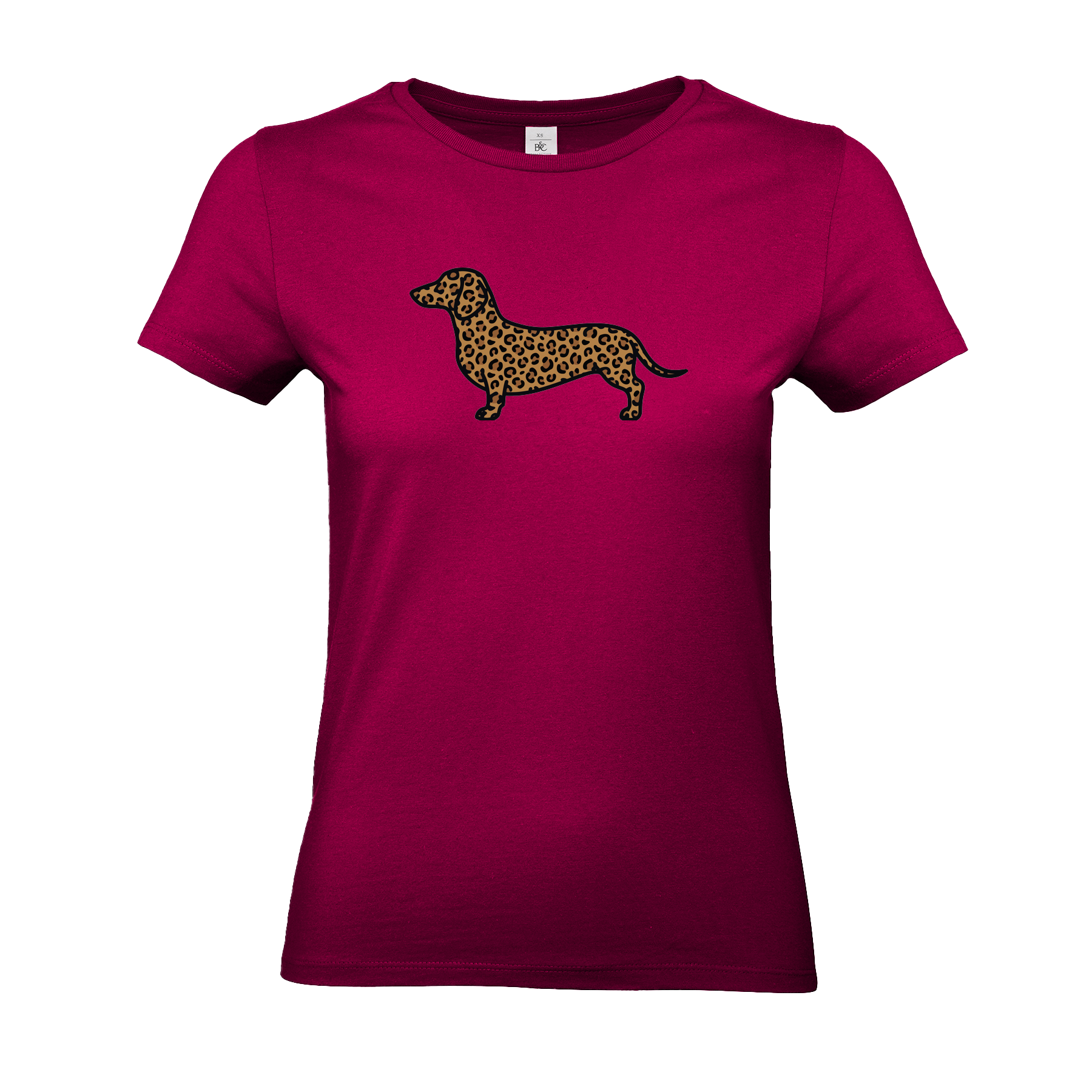 Pink Damen T-Shirt mit Dackel-Motiv im modernen Leoparden-Muster auf der Brust.