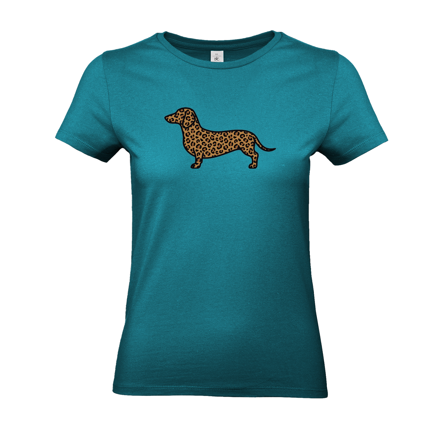 Pool Damen T-Shirt mit Dackel-Motiv im modernen Leoparden-Muster auf der Brust.