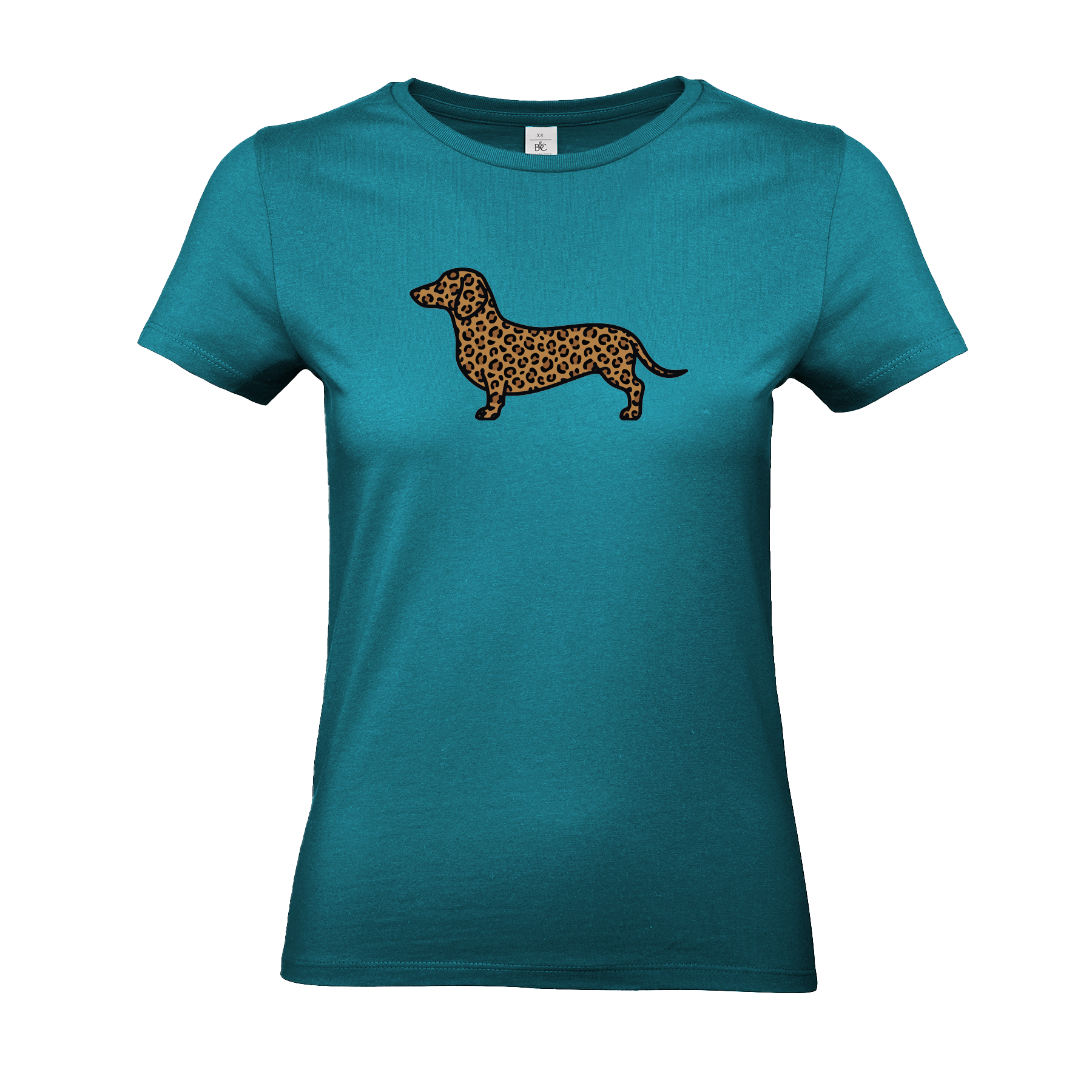 Pool Damen T-Shirt mit Dackel-Motiv im modernen Leoparden-Muster auf der Brust.