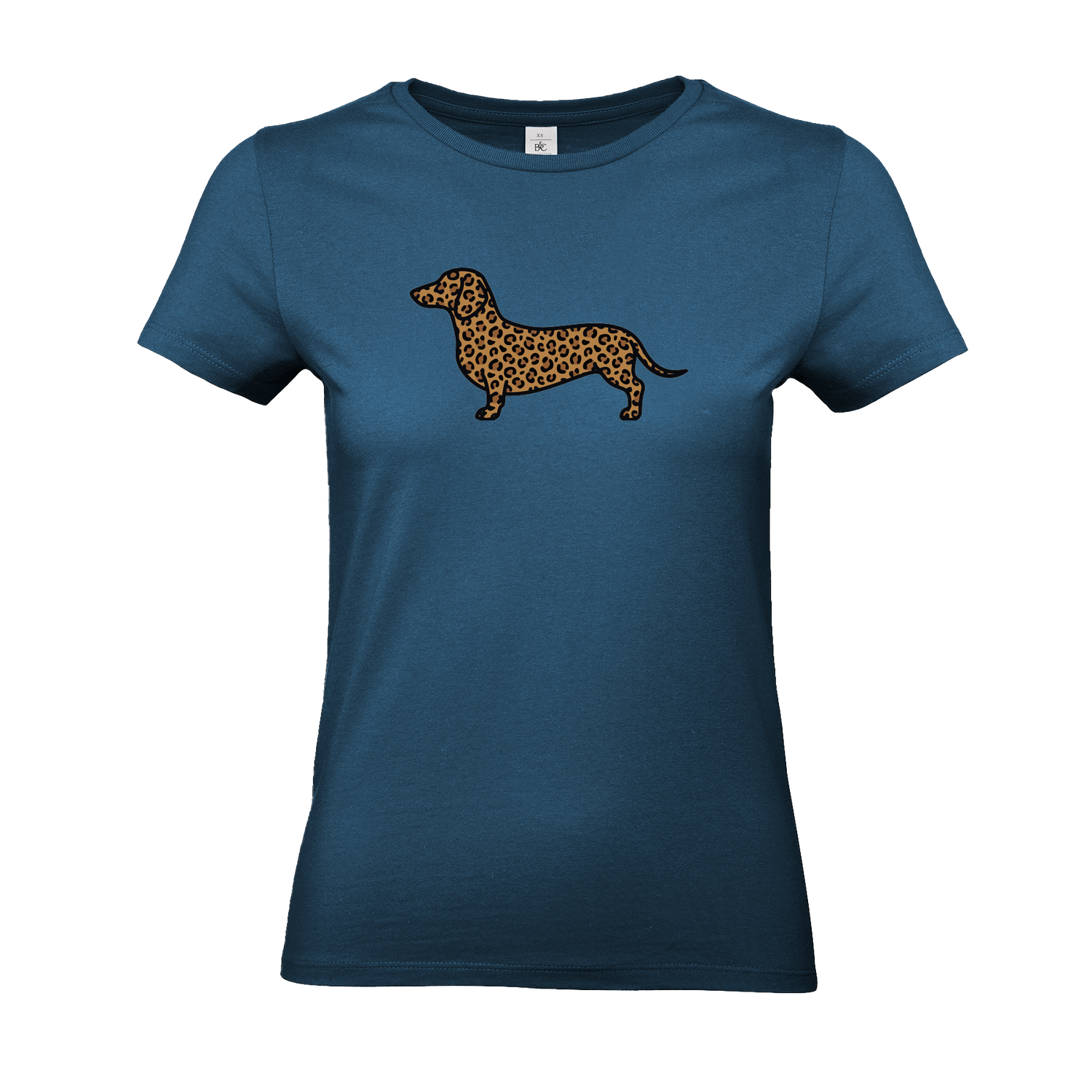 Damen T-Shirt mit Dackel-Motiv im modernen Leoparden-Muster auf der Brust.