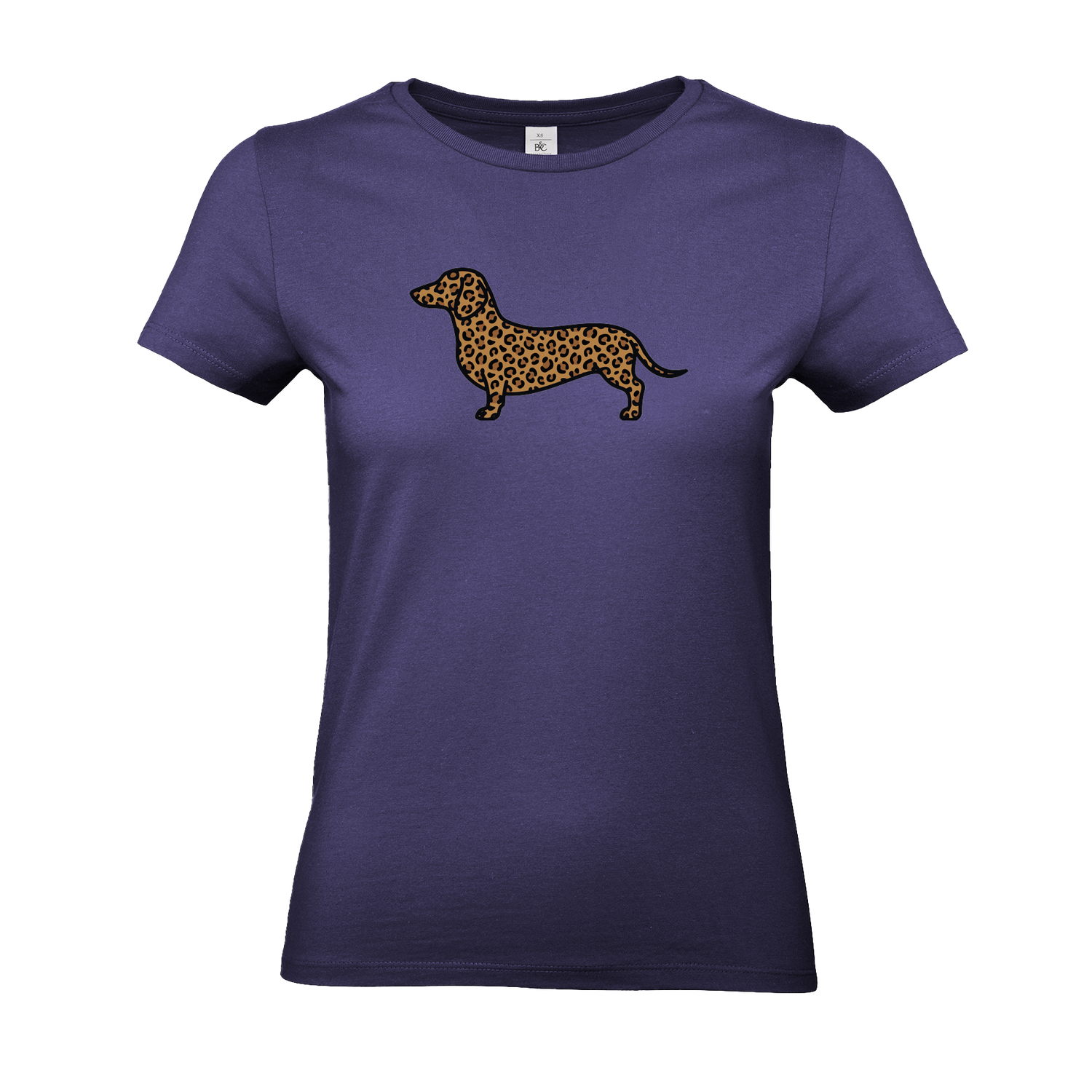 Damen T-Shirt mit Dackel-Motiv im modernen Leoparden-Muster auf der Brust.