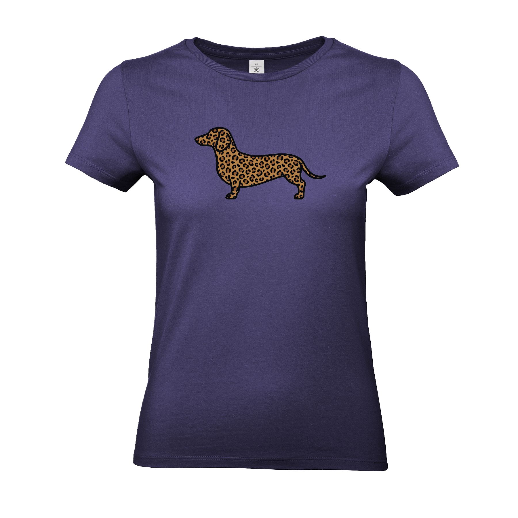 Damen T-Shirt mit Dackel-Motiv im modernen Leoparden-Muster auf der Brust.