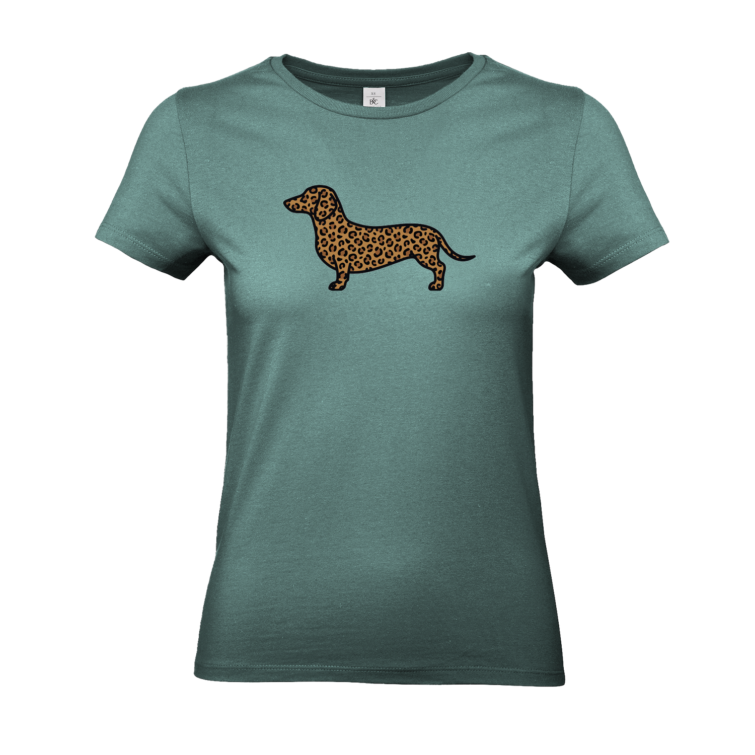 Damen T-Shirt Mint mit Dackel-Motiv im modernen Leoparden-Muster auf der Brust.