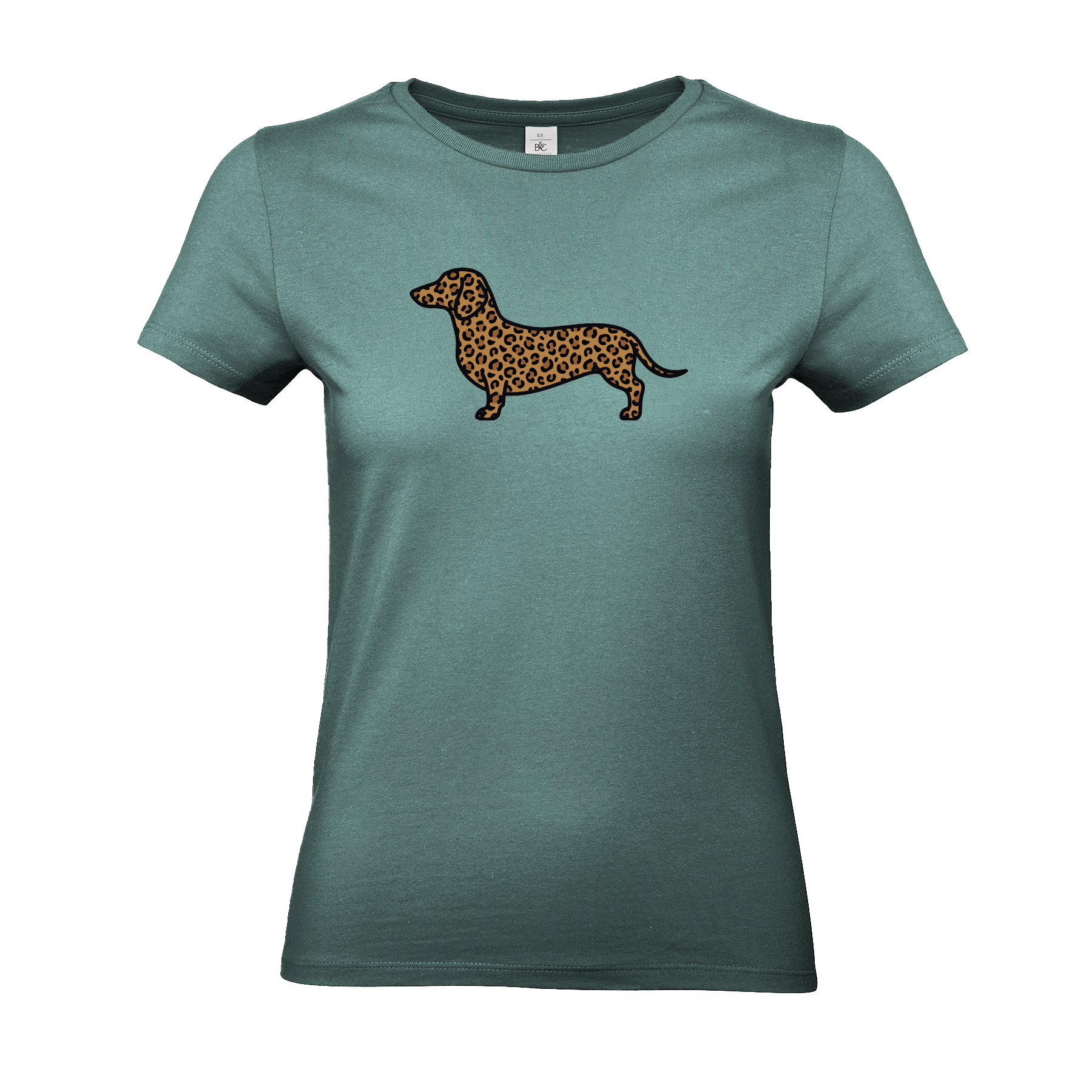 Damen T-Shirt Mint mit Dackel-Motiv im modernen Leoparden-Muster auf der Brust.