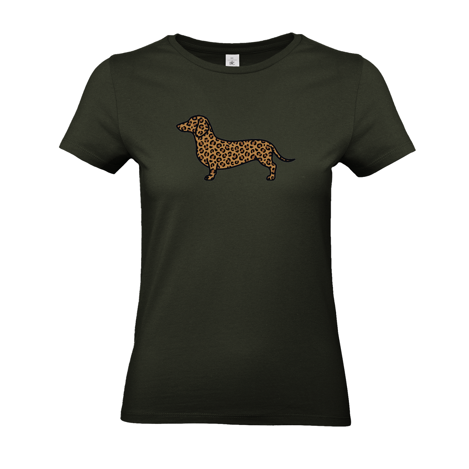Damen T-Shirt mit Dackel-Motiv im modernen Leoparden-Muster auf der Brust.