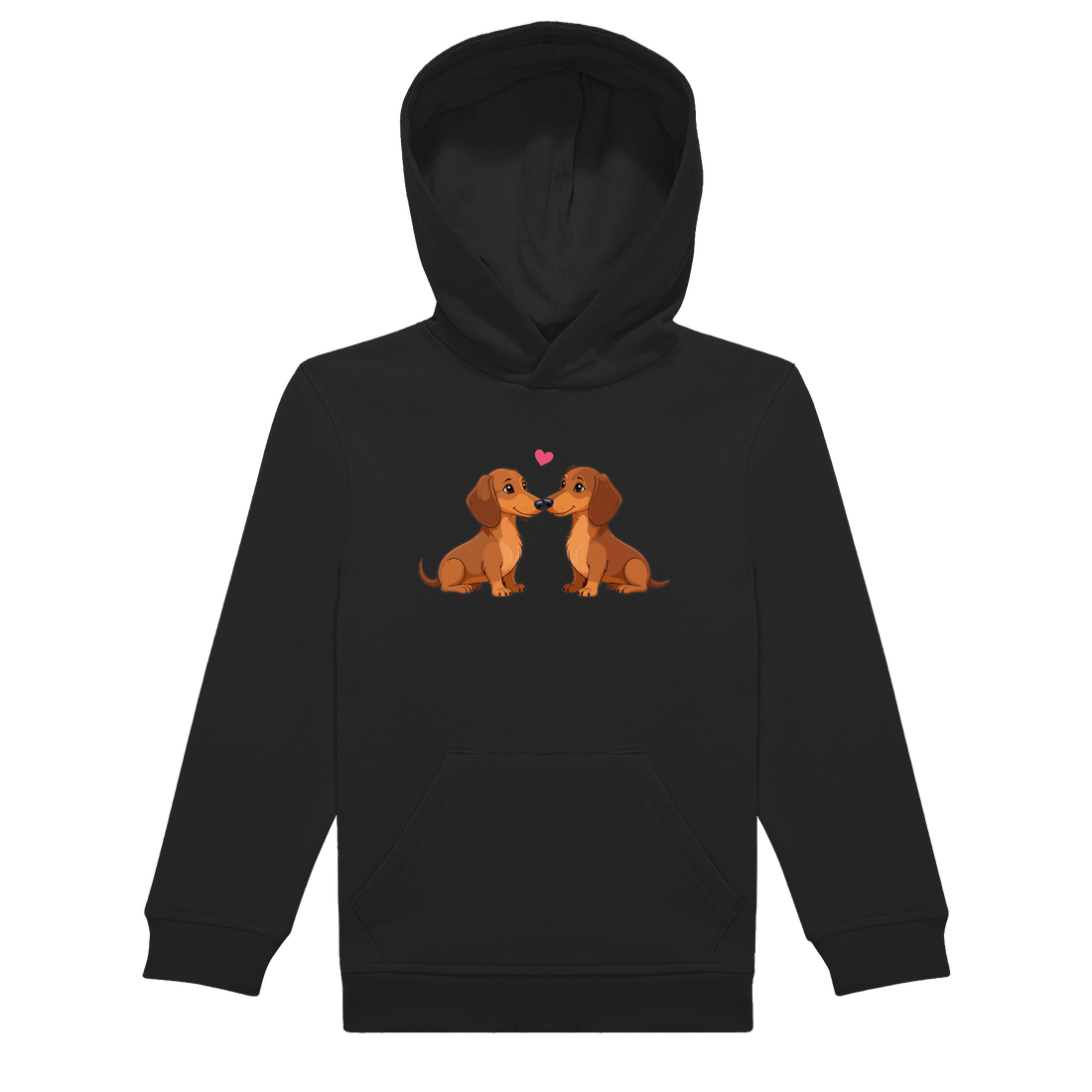 Kinder Hoodie in nachhaltiger Qualität mit handgedrucktem Motiv zweier Dackel, die sich anschauen, platziert auf der Brust.