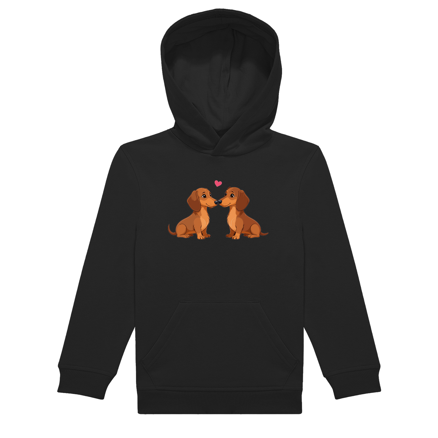 Kinder Hoodie in nachhaltiger Qualität mit handgedrucktem Motiv zweier Dackel, die sich anschauen, platziert auf der Brust.