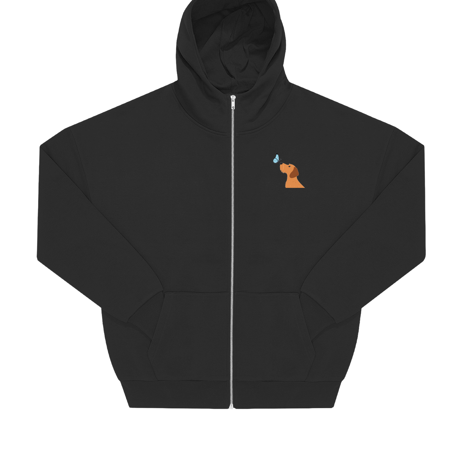 Schwarzer Hoodie mit Dackel-Motiv und blauer Schmetterling, nachhaltig – einzigartigbunt