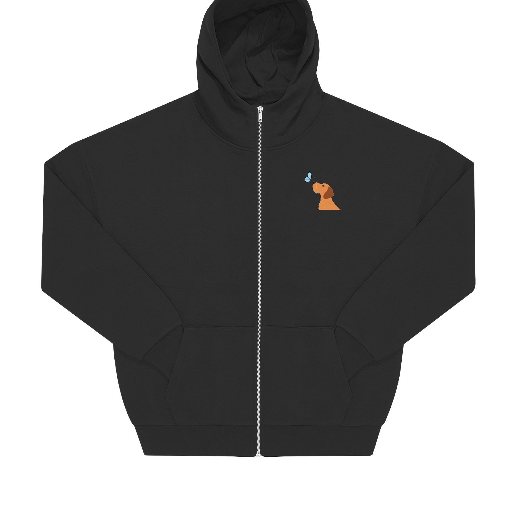 Schwarzer Hoodie mit Dackel-Motiv und blauer Schmetterling, nachhaltig – einzigartigbunt