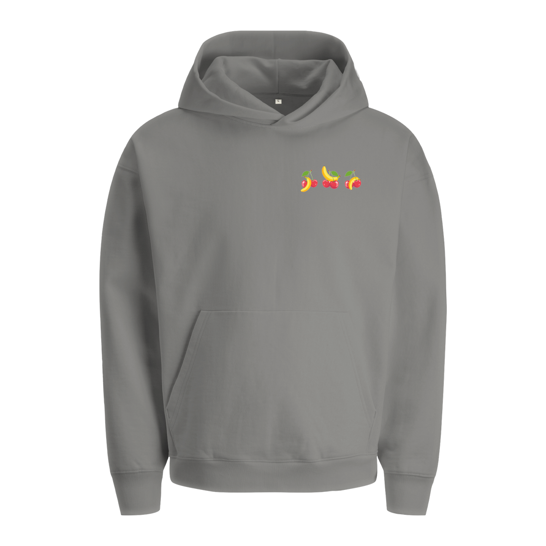 Extra schwerer schwarzer Hoodie aus Bio-Baumwolle mit kleinem, frechem Print aus Kirschen und Bananen auf der linken Brustseite.