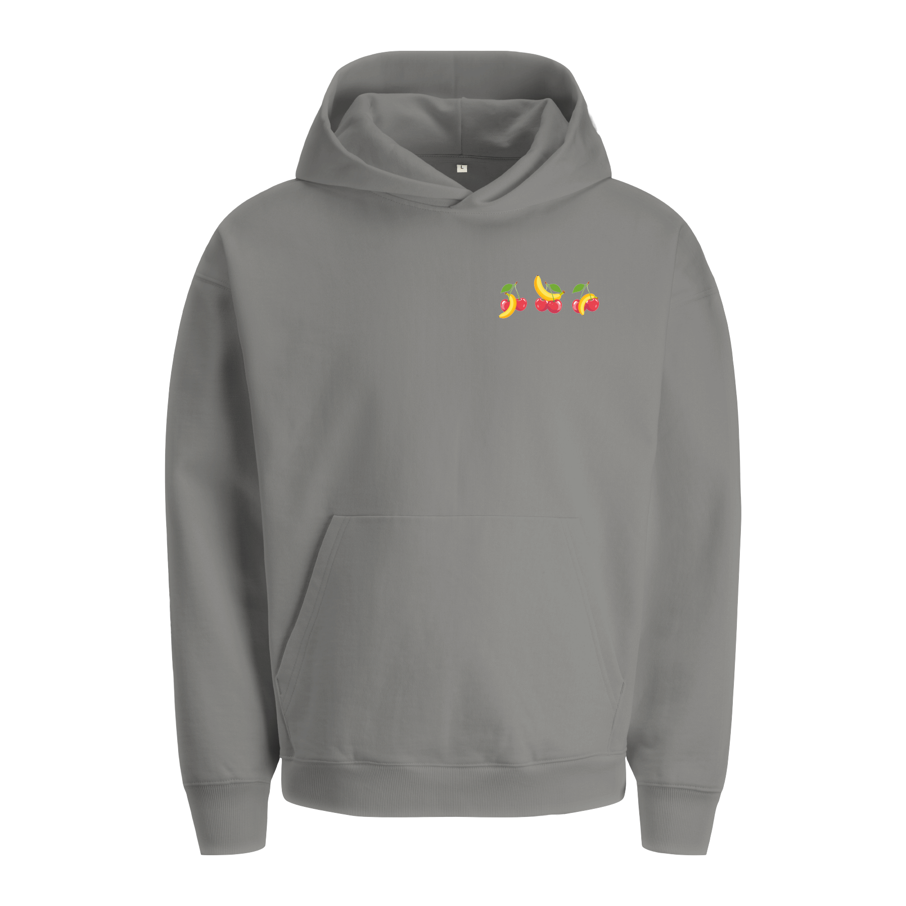Extra schwerer schwarzer Hoodie aus Bio-Baumwolle mit kleinem, frechem Print aus Kirschen und Bananen auf der linken Brustseite.