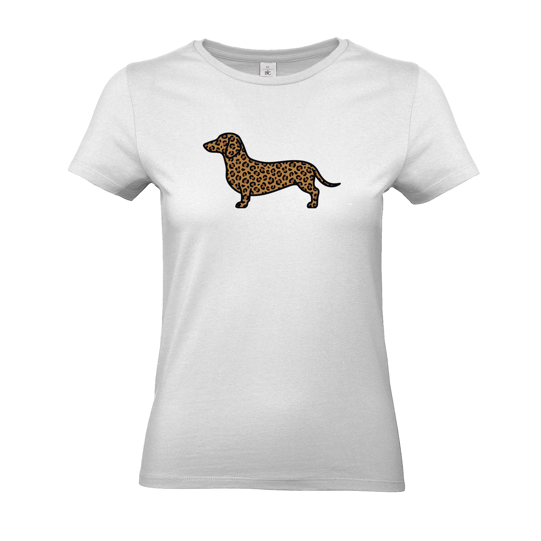 Damen T-Shirt in Weiß mit Dackel-Motiv im modernen Leoparden-Muster auf der Brust.
