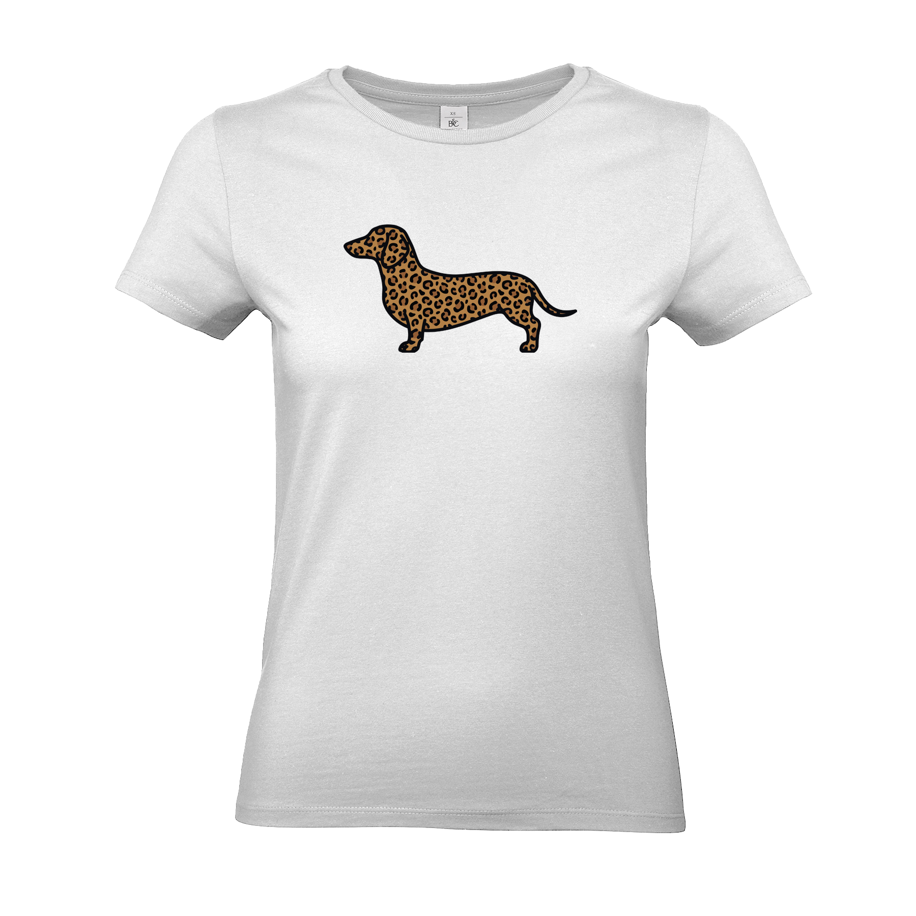 Damen T-Shirt in Weiß mit Dackel-Motiv im modernen Leoparden-Muster auf der Brust.