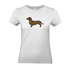 Damen T-Shirt in Weiß mit Dackel-Motiv im modernen Leoparden-Muster auf der Brust.