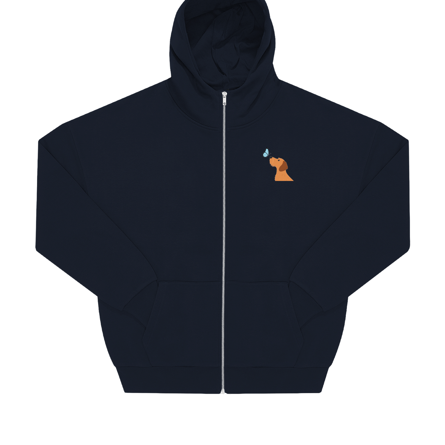 Dackel mit Schmetterling Motiv auf nachhaltigem Hoodie – einzigartigbunt