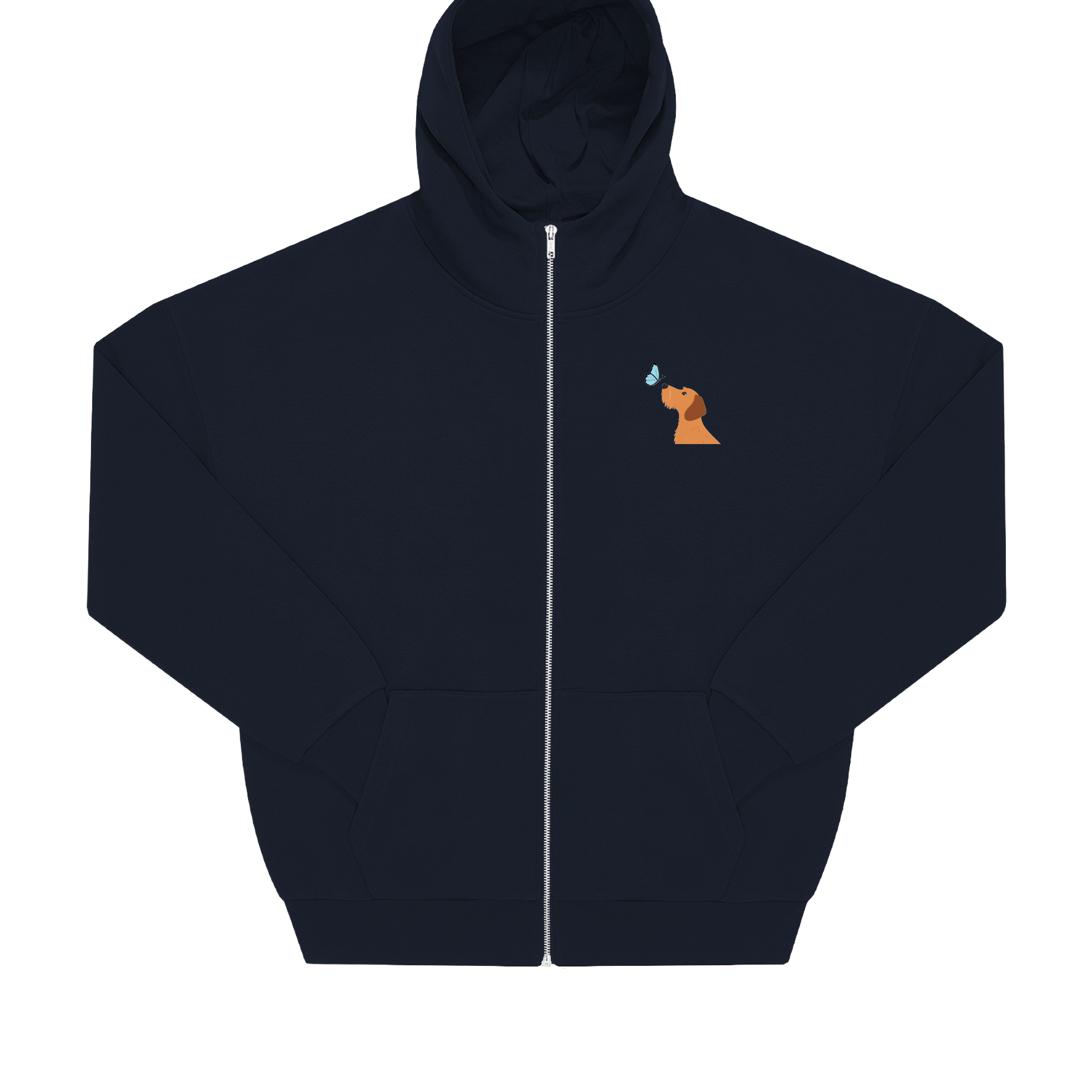 Dackel mit Schmetterling Motiv auf nachhaltigem Hoodie – einzigartigbunt