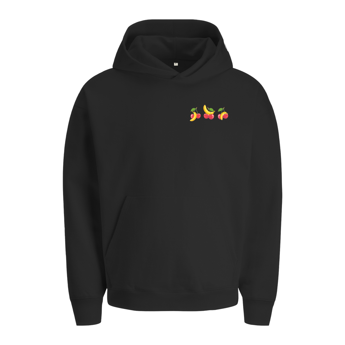 Extra schwerer Unisex Hoodie in Bio-Qualität mit kleinem Kirschen und Bananen Print auf der linken Brust.