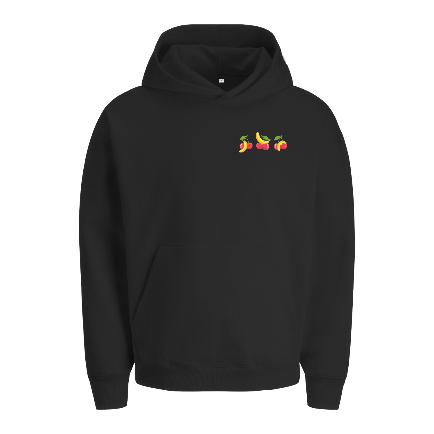 Extra schwerer Unisex Hoodie in Bio-Qualität mit kleinem Kirschen und Bananen Print auf der linken Brust.