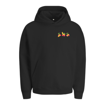 Extra schwerer Unisex Hoodie in Bio-Qualität mit kleinem Kirschen und Bananen Print auf der linken Brust.