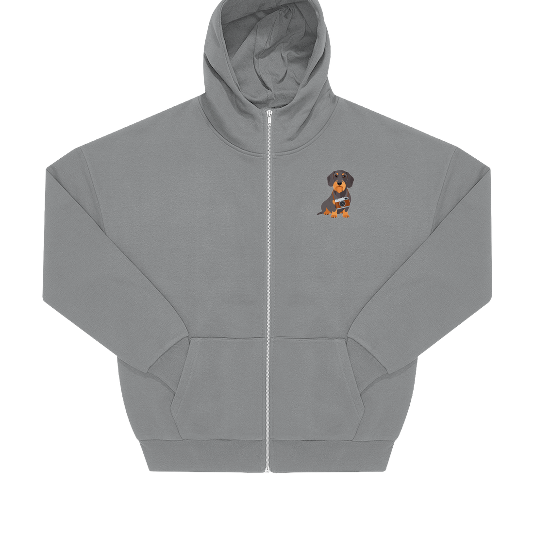 Nachhaltige Zip Hoodie Jacke in Grau mit Dackel-Motiv und Kamera auf der Brust, Oversized-Schnitt.