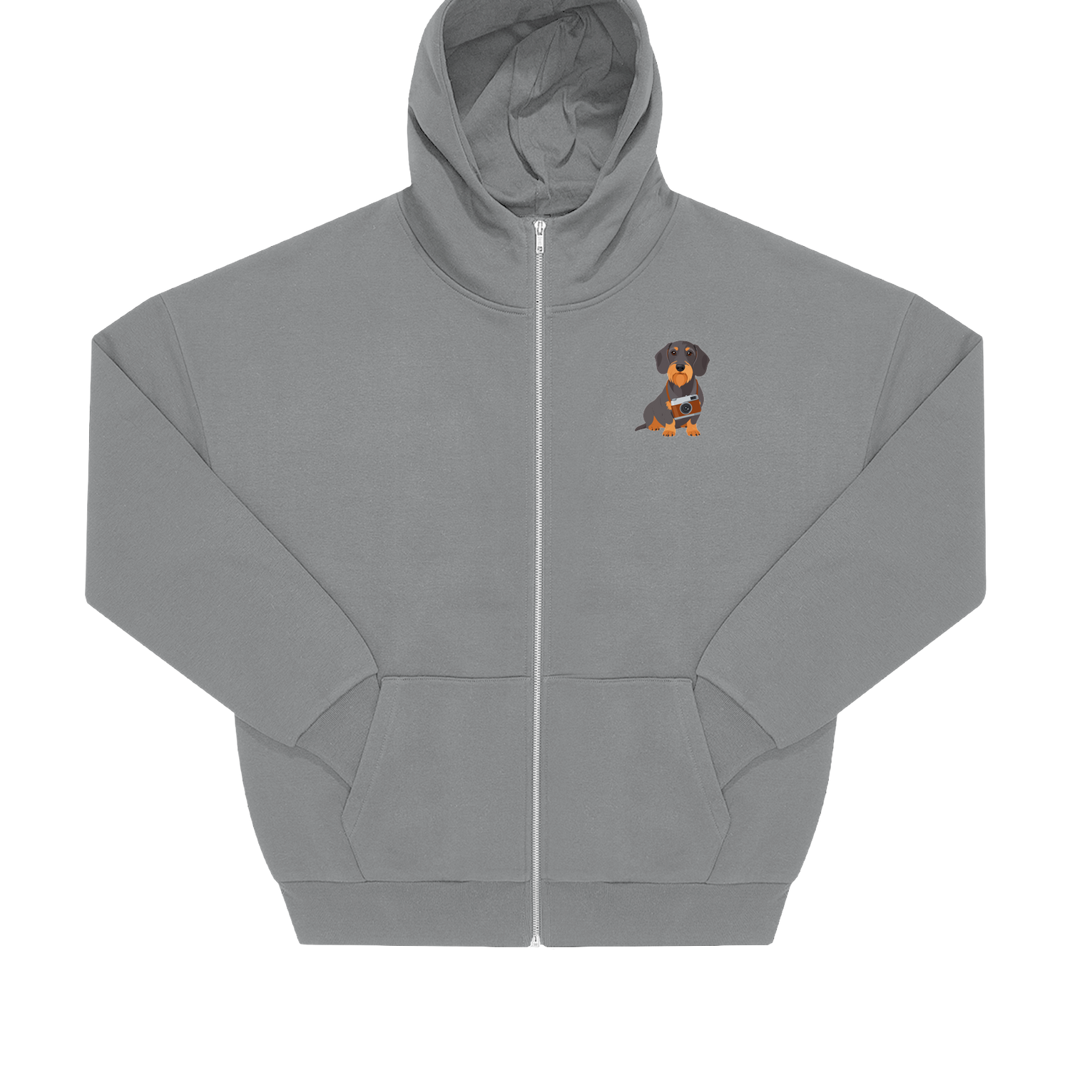 Nachhaltige Zip Hoodie Jacke in Grau mit Dackel-Motiv und Kamera auf der Brust, Oversized-Schnitt.