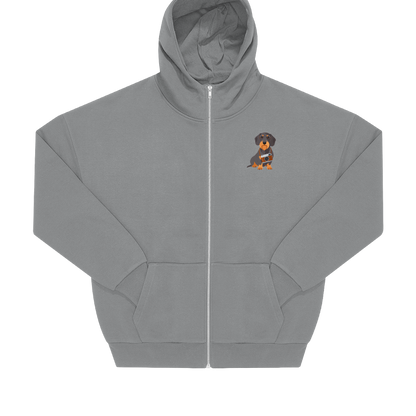 Nachhaltige Zip Hoodie Jacke in Grau mit Dackel-Motiv und Kamera auf der Brust, Oversized-Schnitt.