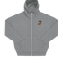 Nachhaltige Zip Hoodie Jacke in Grau mit Dackel-Motiv und Kamera auf der Brust, Oversized-Schnitt.
