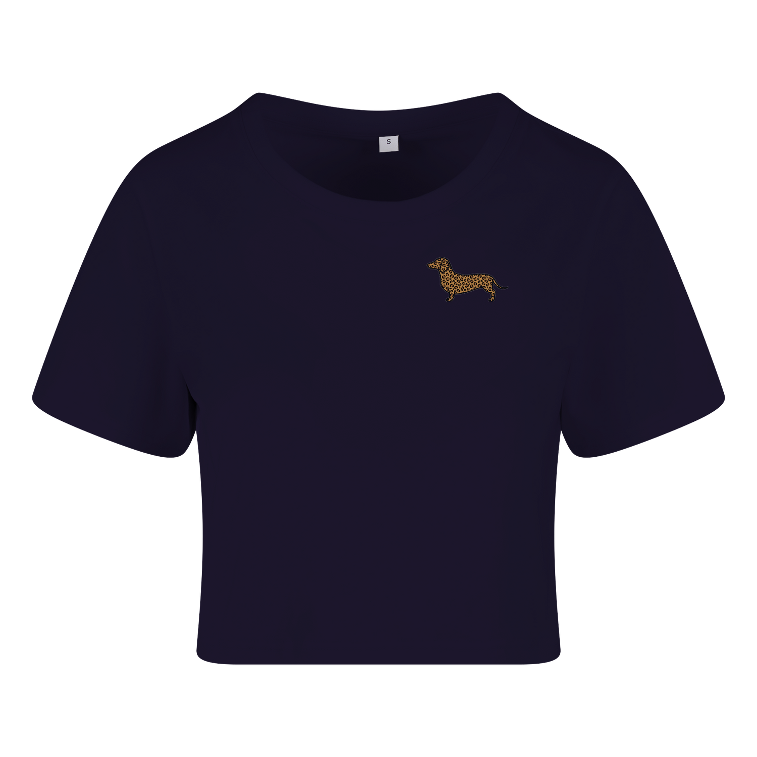 Dackel-Motiv mit Leopardenmuster auf nachhaltigem Navy-T-Shirt – einzigartigbunt