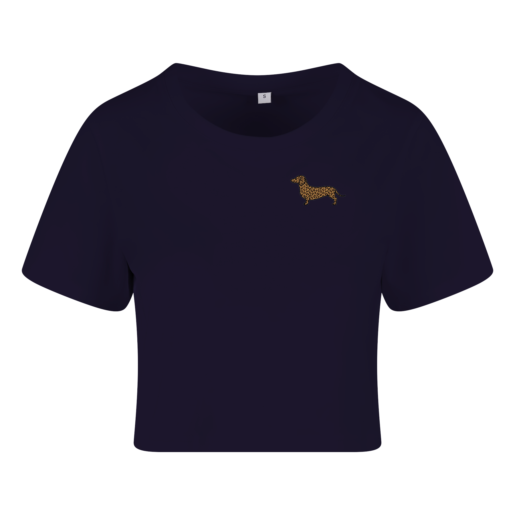 Dackel-Motiv mit Leopardenmuster auf nachhaltigem Navy-T-Shirt – einzigartigbunt