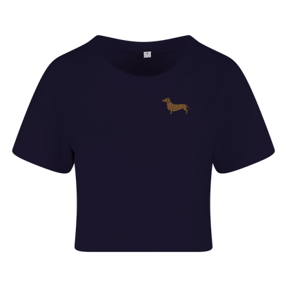 Dackel-Motiv mit Leopardenmuster auf nachhaltigem Navy-T-Shirt – einzigartigbunt