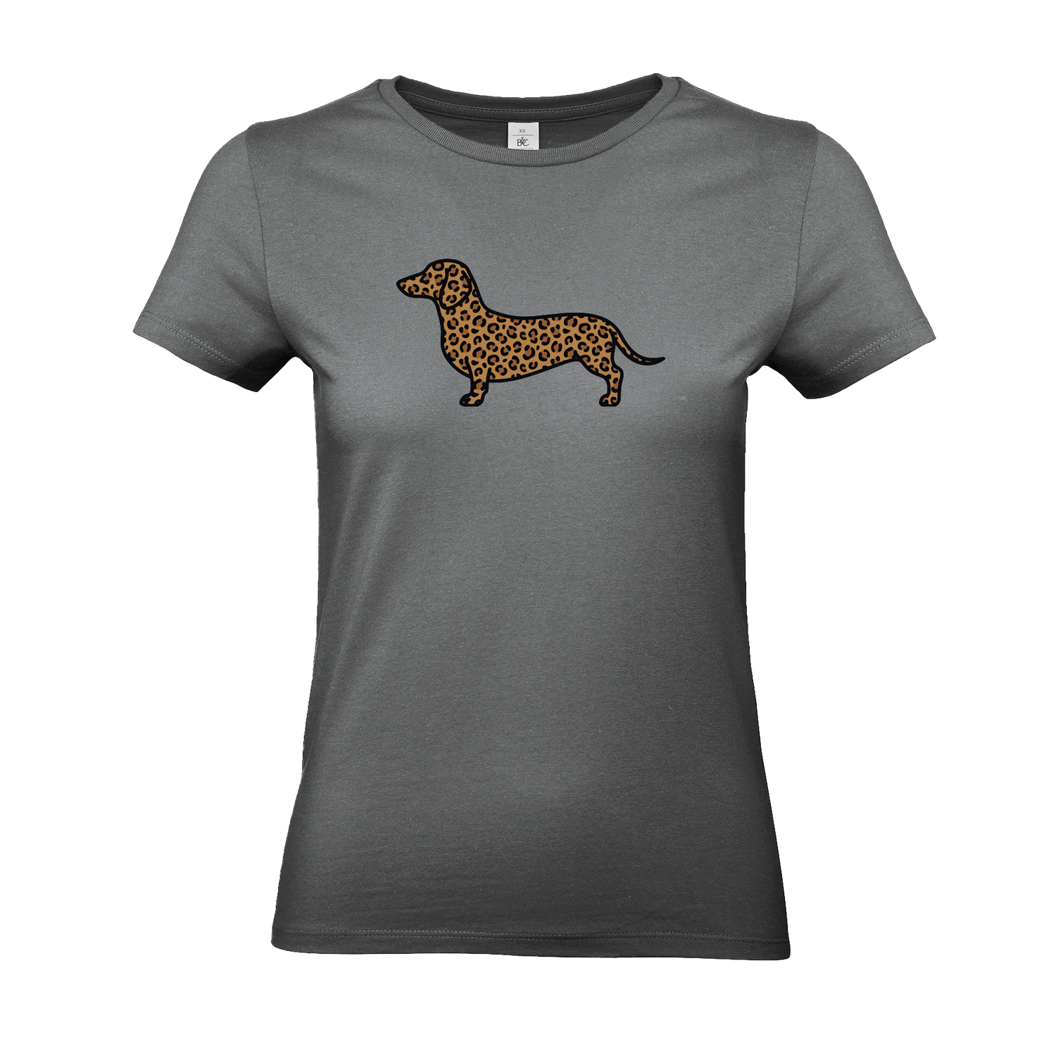 Graues Damen T-Shirt mit Dackel-Motiv im modernen Leoparden-Muster auf der Brust.