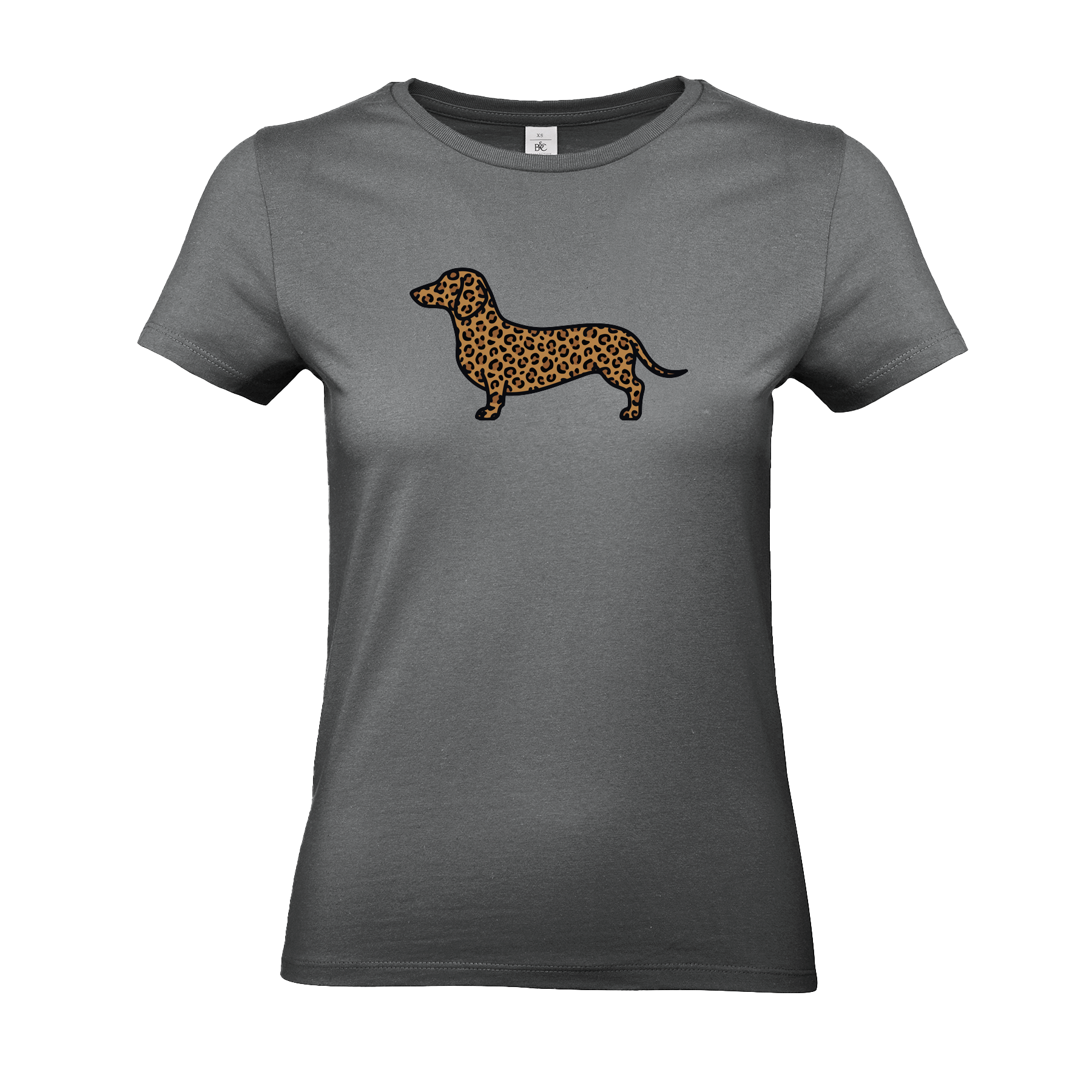 Graues Damen T-Shirt mit Dackel-Motiv im modernen Leoparden-Muster auf der Brust.