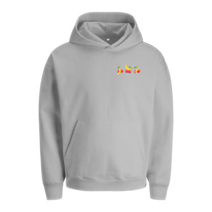 Extra schwerer Unisex Hoodie hellgrau in Bio-Qualität mit kleinem Kirschen und Bananen Print auf der linken Brust.