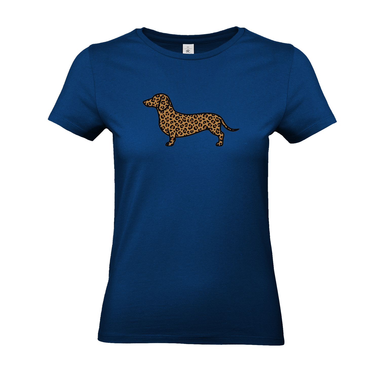 Königliches Damen T-Shirt mit Dackel-Motiv im modernen Leoparden-Muster auf der Brust.