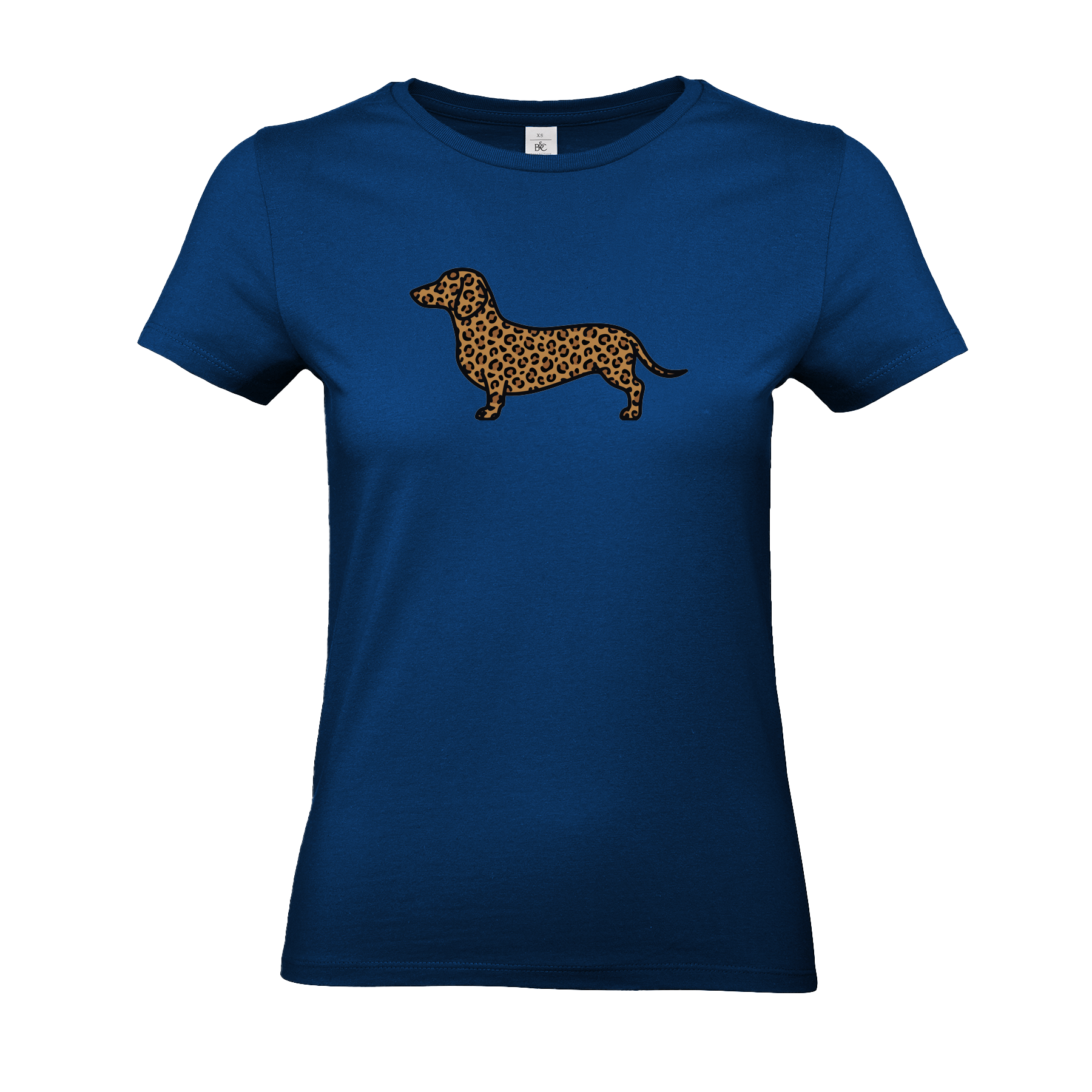 Königliches Damen T-Shirt mit Dackel-Motiv im modernen Leoparden-Muster auf der Brust.