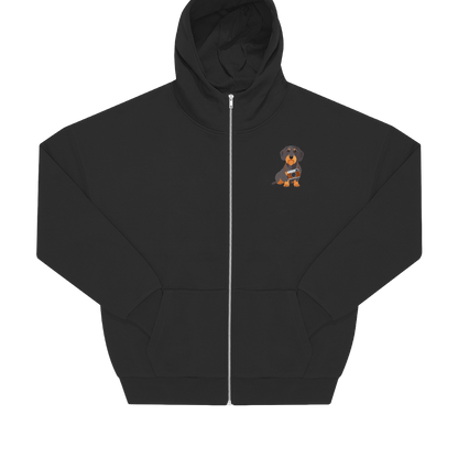 Nachhaltige Zip Hoodie Jacke in Grau mit Dackel-Motiv und Kamera auf der Brust, Oversized-Schnitt.