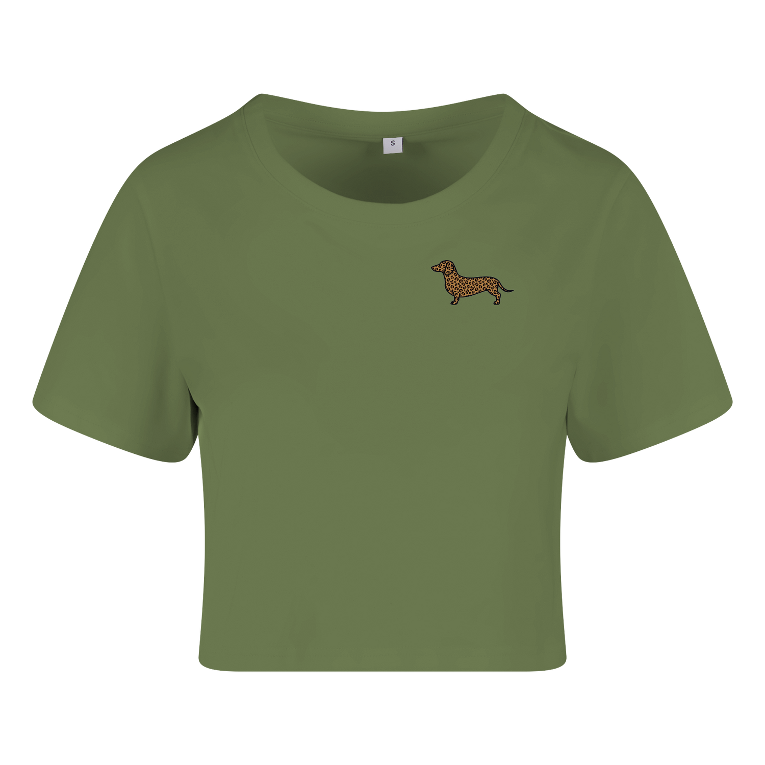 Olivgrünes Crop Top mit Dackel-Motiv im Leopardenmuster, nachhaltig – einzigartigbunt